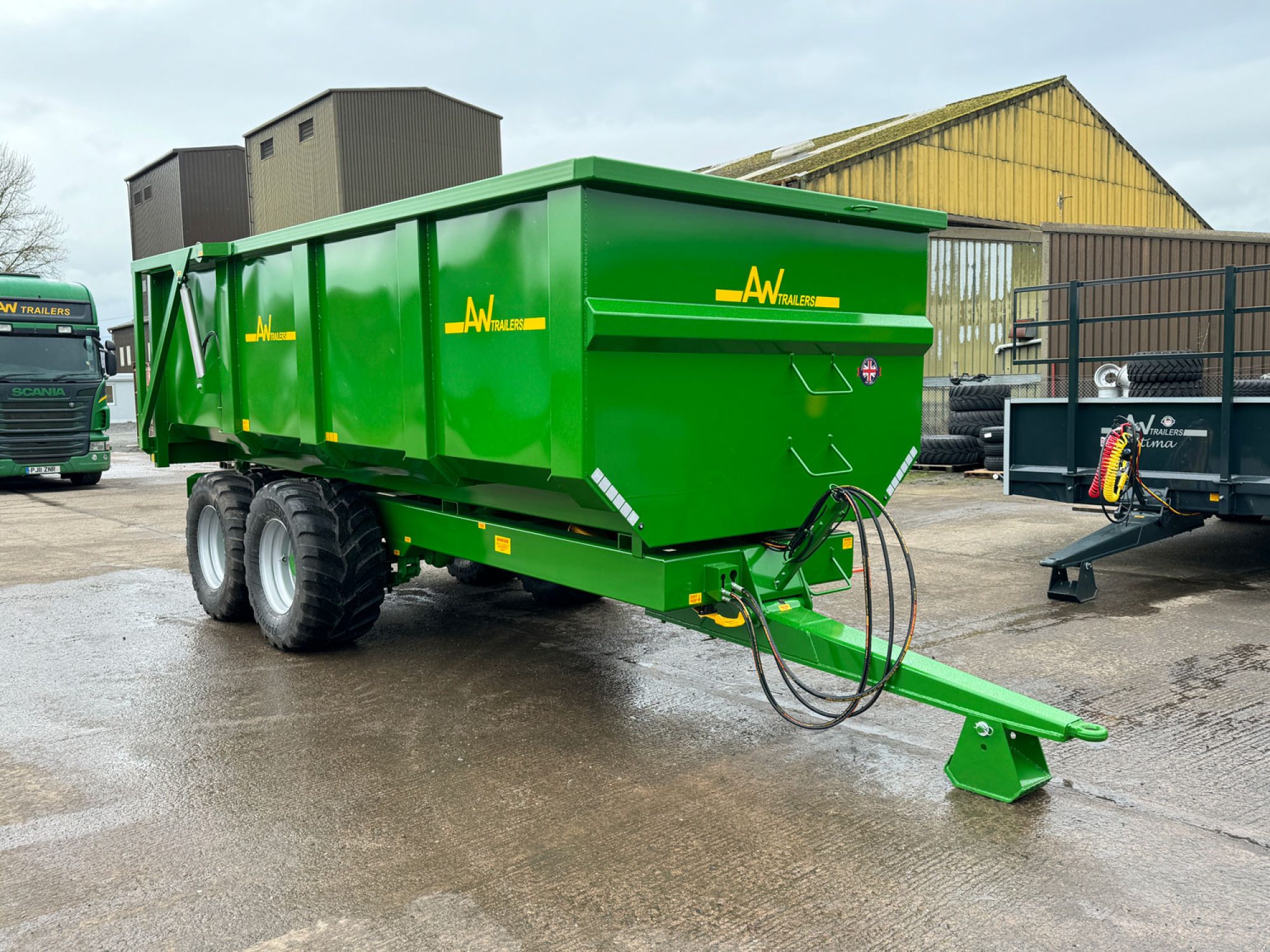 Green trailer in factory